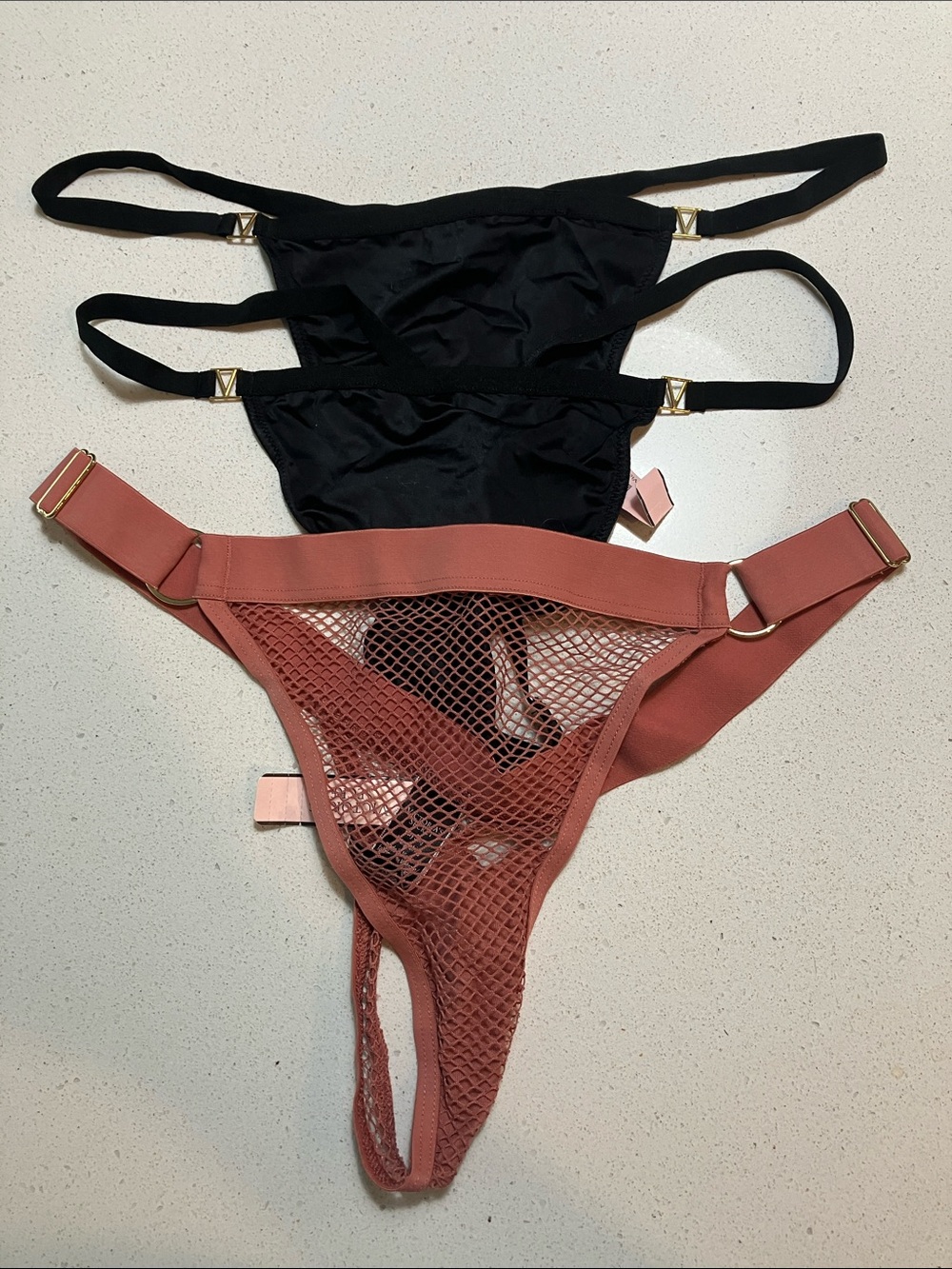 Victoria's Secret Black Satin & Dusty Rose Mesh Thongs - Gold Hardware